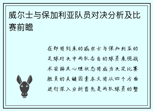 威尔士与保加利亚队员对决分析及比赛前瞻