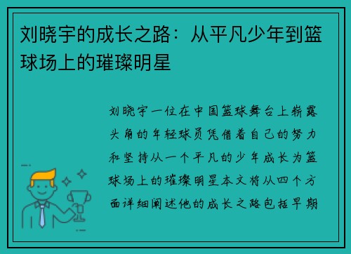 刘晓宇的成长之路：从平凡少年到篮球场上的璀璨明星